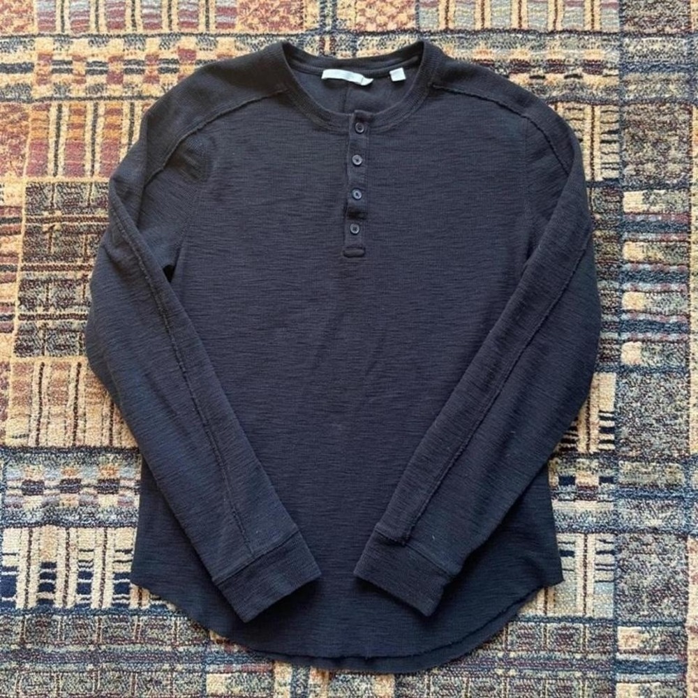 Vince Men's Black Long Sleeve 100% Cotton Henley Shirt L